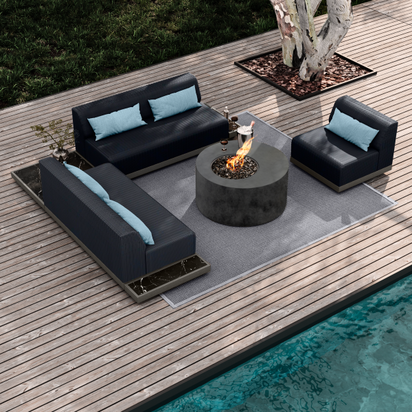 Grande Sectional Coal-Smoke + Aspen Onyx Tops + Bellino Fire Pit Iron