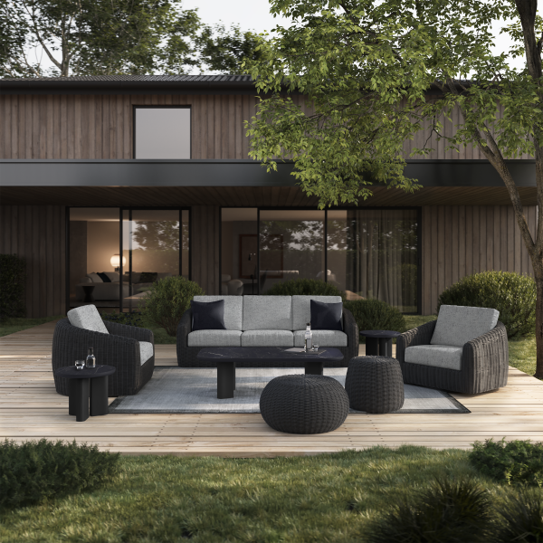 Boulevard Seating Coal + Forano+Aspen Tables Onyx+Onyx + Cloud Poufs